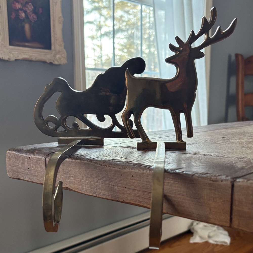 2 Vintage solid Brass Reindeer and Sleigh Stocking Holders
